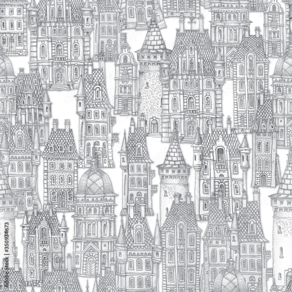 Seamless pattern of fantasy landscape. Fairy tale castle, old medieval town. Hand drawn sketch of house, tower silhouette. T-shirt print. Black and white painting. Batik, wallpaper, wrapping paper