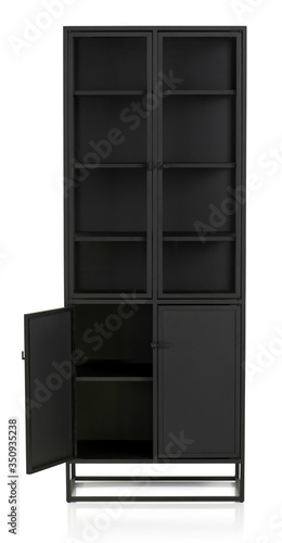 Modern empty Steel-Framed Display Cabinet with opened door, Casement Cabinet, isolated. 