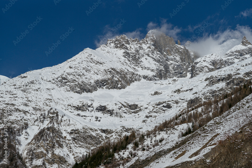 Snowcapped mountain range, Alpine Resort, Aosta Valley, Courmayeur, Northern Italy, Italy