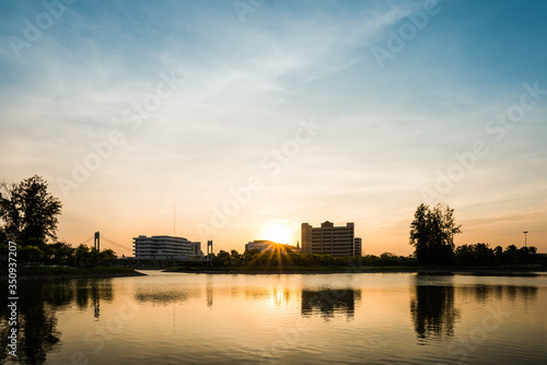 Sunset with lake in Public Park landscape