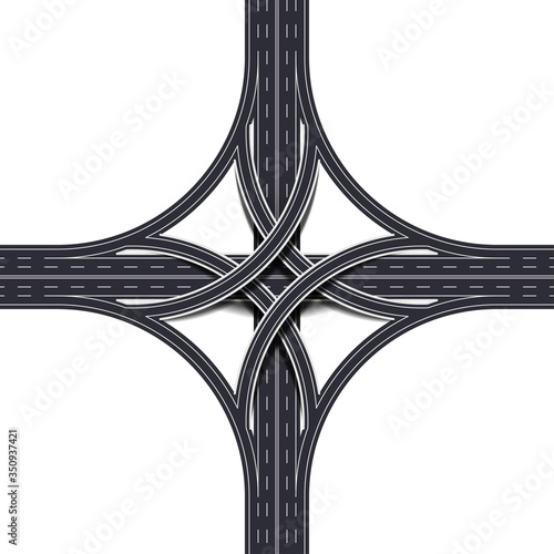 Stack interchange four level, four way interchange with loop ramps, underpass and overpass. Detailed interchange isolated on white background. Vector Illustration