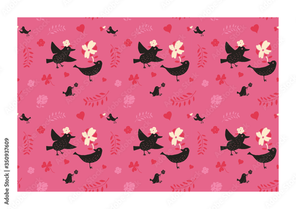 Seamless romantic pattern with hand-drawn hearts, birds, diamonds, leaf, flowers. Cute romantic doodle. Ready template for design, postcards, print, poster, party, Valentine's day, vintage textile.
