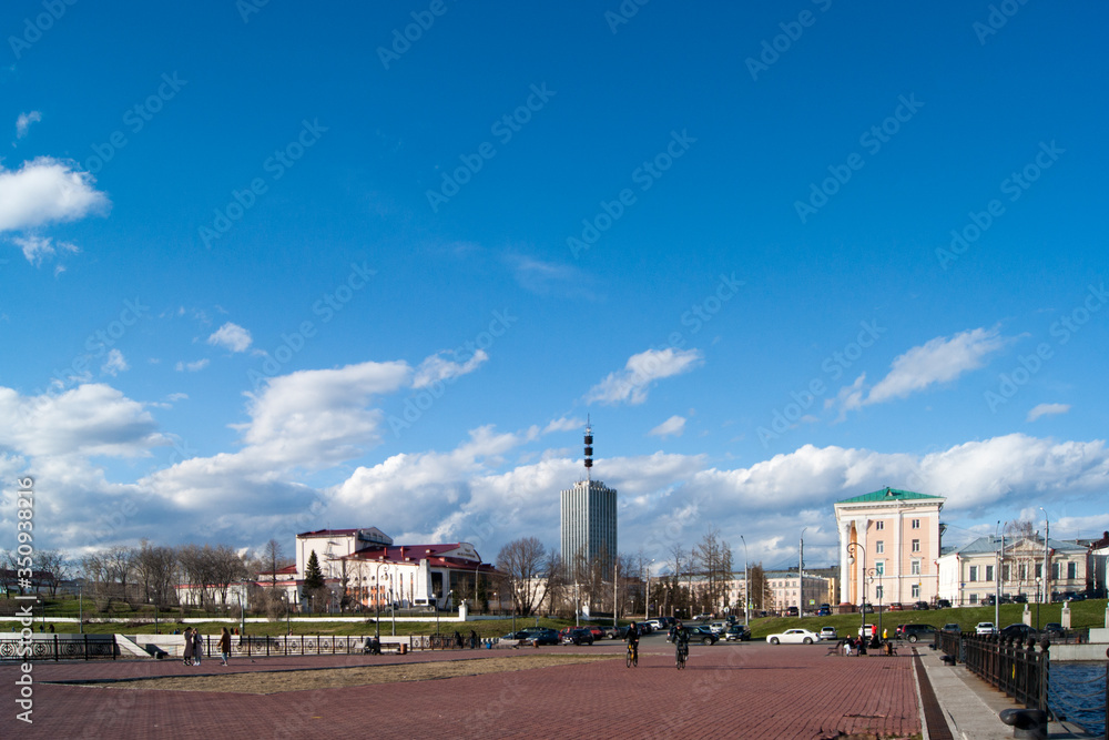 Russia, Arkhangelsk, spring - May 2020. The attraction of the city is a high-rise building, the only and first skyscraper in the regional center.