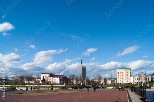 Russia, Arkhangelsk, spring - May 2020. The attraction of the city is a high-rise building, the only and first skyscraper in the regional center.