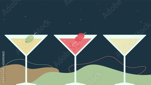 Martini glasses with different alcohol cocktail.Vector illustration of Martini glasses design wallpaper.
