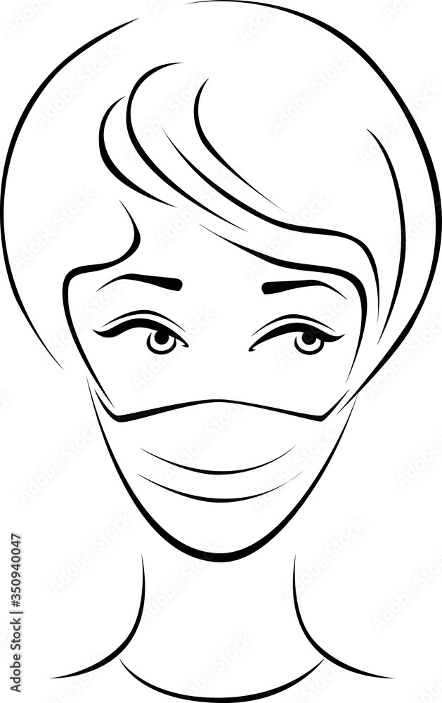 Vector illustration of a female face with short hair in a protective medical mask