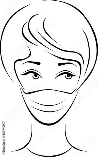 Vector illustration of a female face with short hair in a protective medical mask