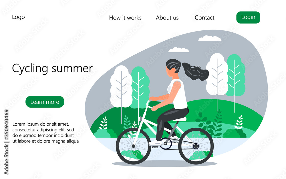 Cycling summer concept vector for homepage. Girl is riding a bicycle in the city park, forest, village. Outdoor activity on the bike. Sport cycling illustration for landing page Cycling summer concept vector for homepage. Girl is riding a bicycle in the city park, forest, village. Outdoor activity on the bike. Sport cycling illustration for landing page