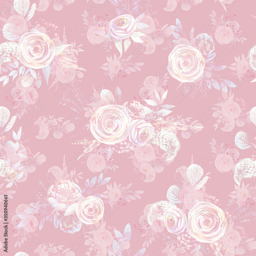 Seamless floral pattern. Watercolor flowers, pink rose, eucalyptus leaves, berries, peony. Shabby chic. Monochrome color.