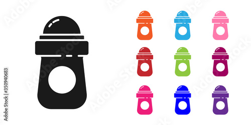Black Antiperspirant deodorant roll icon isolated on white background. Cosmetic for body hygiene. Set icons colorful