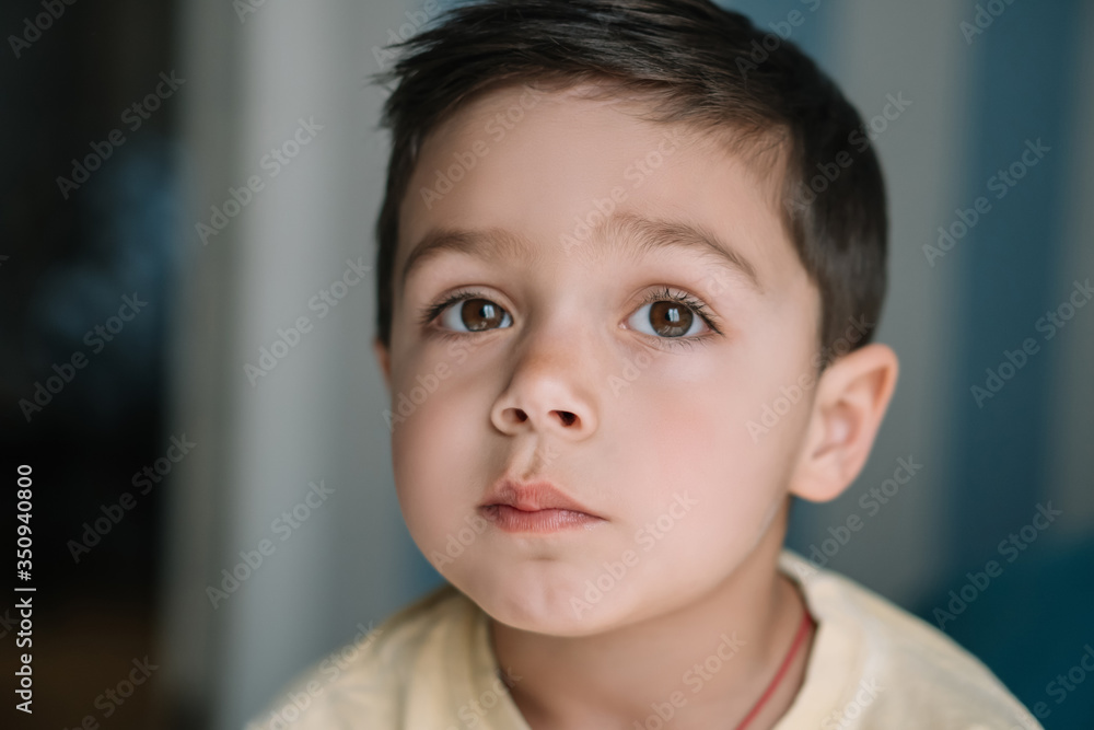 portrait of pensive, adorable brunette boy with brown eyes portrait of pensive, adorable brunette boy with brown eyes