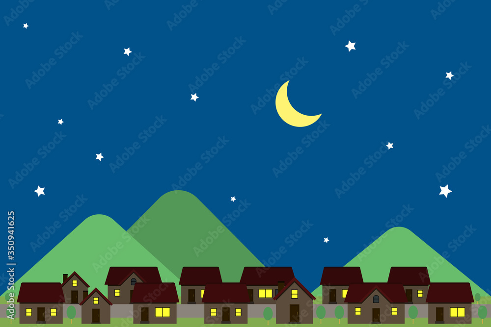 夜の住宅街の風景　月、夜空、星、山