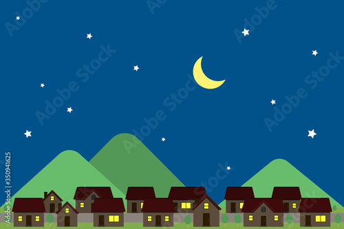 夜の住宅街の風景　月、夜空、星、山