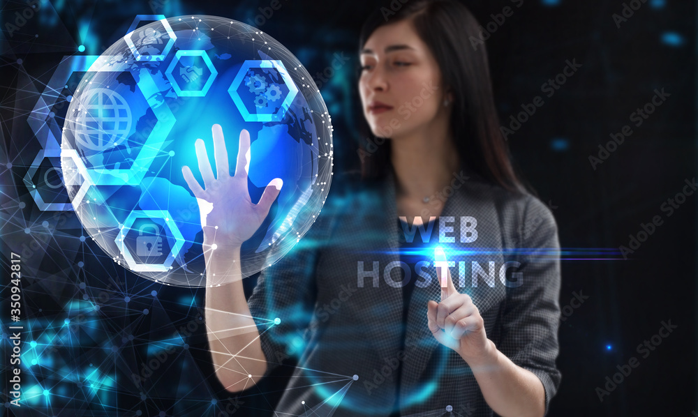 Business, Technology, Internet and network concept. Young businessman working on a virtual screen of the future and sees the inscription: Web hosting Business, Technology, Internet and network concept. Young businessman working on a virtual screen of the future and sees the inscription: Web hosting
