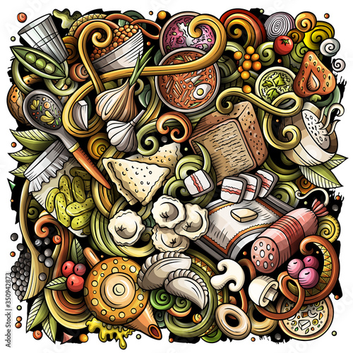 Russian food hand drawn vector doodles illustration. Russia cuisine poster