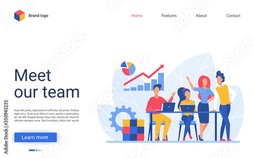 Business people teamwork vector illustration. Website interface creative design with cartoon flat businessman and businesswoman corporate team meeting in office, working together on profit growth photo