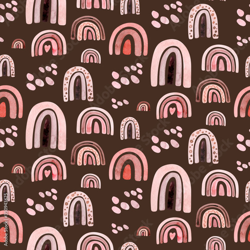 Watercolor kids raindow seamless pattern . scandinavian hand painted boho rainbows background. Nursery art fabric illustration in trendy Sca style. Contemporary art, baby boy girl rainbow 
