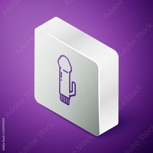 Isometric line Dildo vibrator for sex games icon isolated on purple background. Sex toy for adult. Vaginal exercise machines for intimate. Silver square button