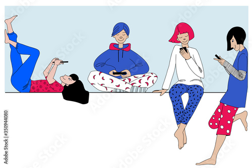 Teenagers using smartphones. Boys and girls with gadgets. Set Students in modern clothes with cellular devices character flat vector illustration