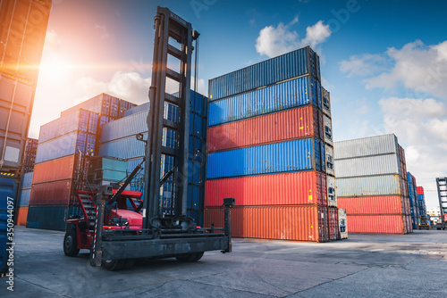 Container Cargo Port Ship Yard Storage Handling of Logistic Transportation Industry. Row of Stacking Containers of Freight Import/Export Distribution Warehouse. Shipping Logistics Transport Industrial