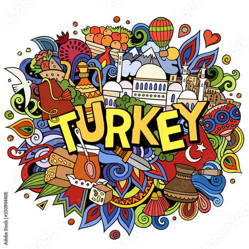 Turkey hand drawn cartoon doodles illustration. Funny travel design.