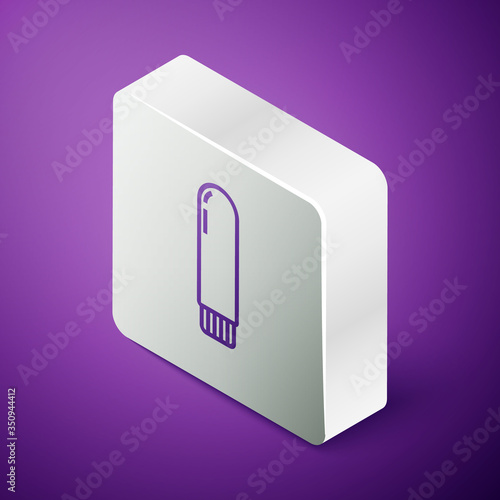 Isometric line Dildo vibrator for sex games icon isolated on purple background. Sex toy for adult. Vaginal exercise machines for intimate. Silver square button