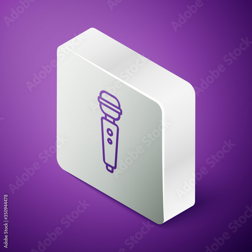 Isometric line Dildo vibrator for sex games icon isolated on purple background. Sex toy for adult. Vaginal exercise machines for intimate. Silver square button