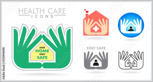 Hand symbol to stay safe and to stay home. A silhouette of a person, house, and hearts.