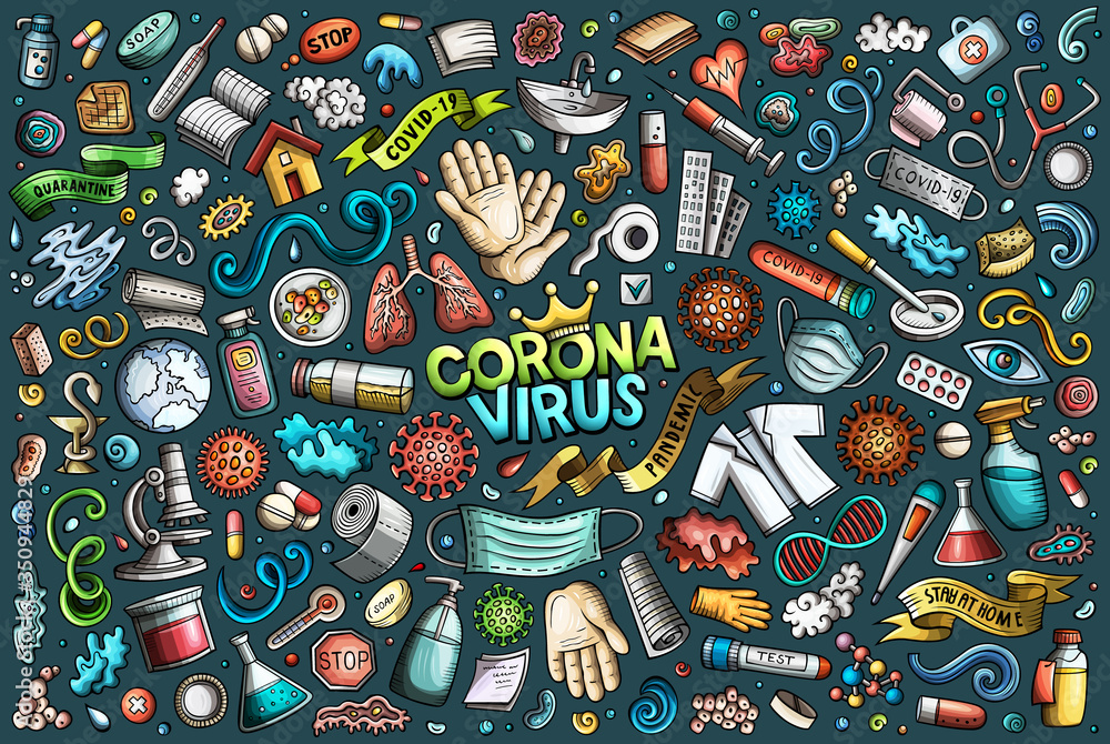 Doodle cartoon set of Coronavirus theme objects Doodle cartoon set of Coronavirus theme objects