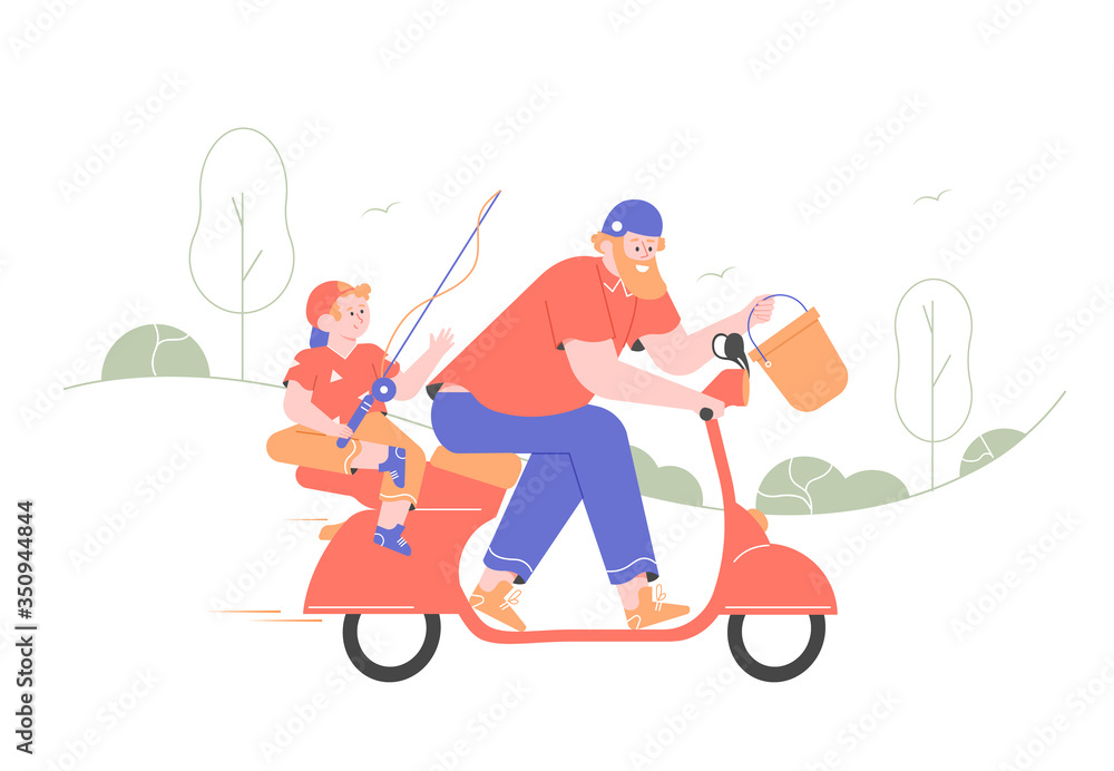 Father and son ride a moped on a fishing trip. A boy with a fishing rod, a man with a bucket. Summer family weekend. Characters on a background of nature. Vector flat illustration.