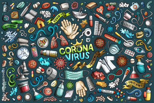 Doodle cartoon set of Coronavirus theme objects