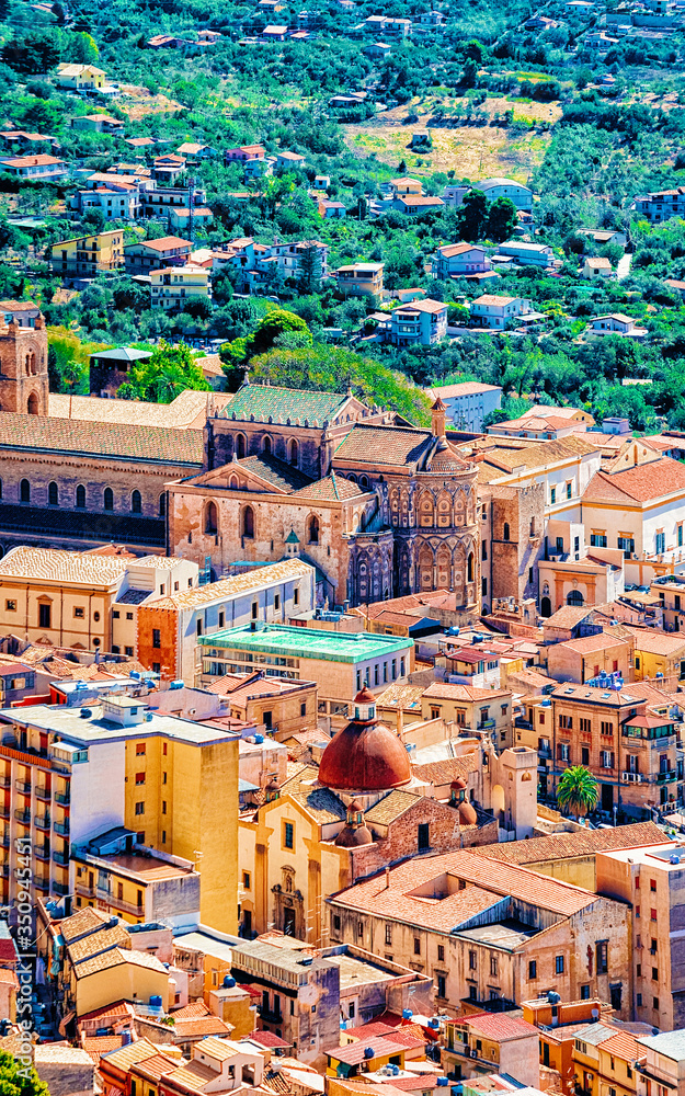 Cityscape with Monreale Cathedral Sicily island reflex