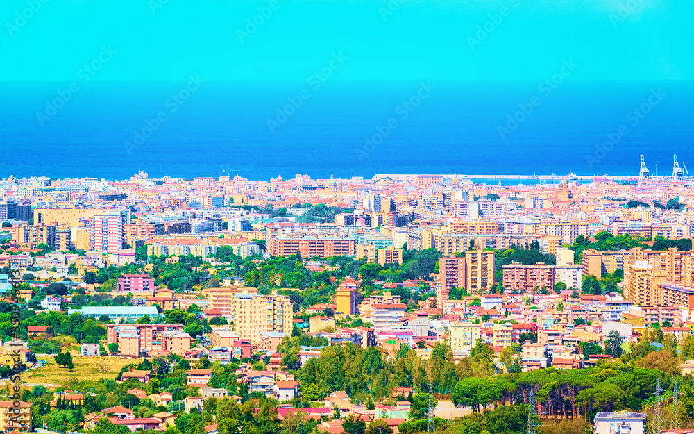 Scenery with cityscape and landscape of Palermo Sicily Mediterranean Sea reflex