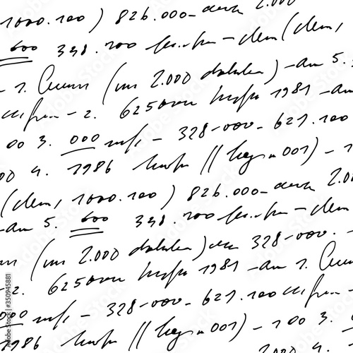Handwritten abstract text and numbers vector seamless pattern, vector monochrome script isolated on white background, mathematics and accounting backdrop