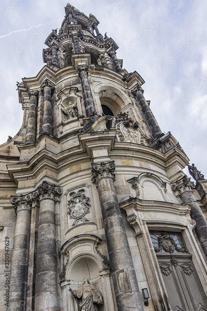 Fototapeta premium Architectural fragments of Dresden Cathedral of Holy Trinity (previously Catholic Church of the Royal Court of Saxony, 1739) - Roman Catholic Cathedral. Dresden, Germany.