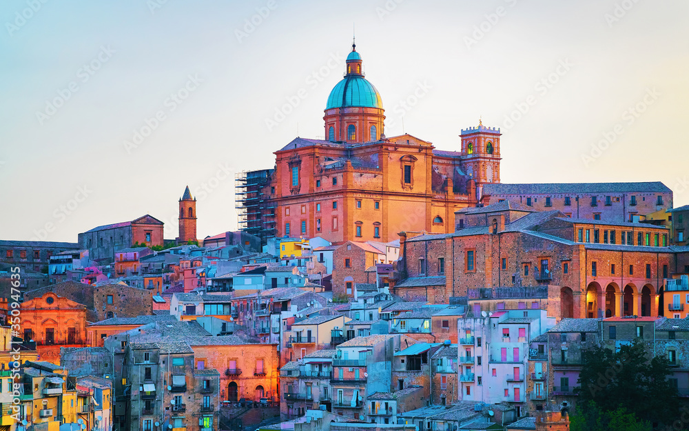 Piazza Armerina Cathedral and old town Sicily in evening reflex