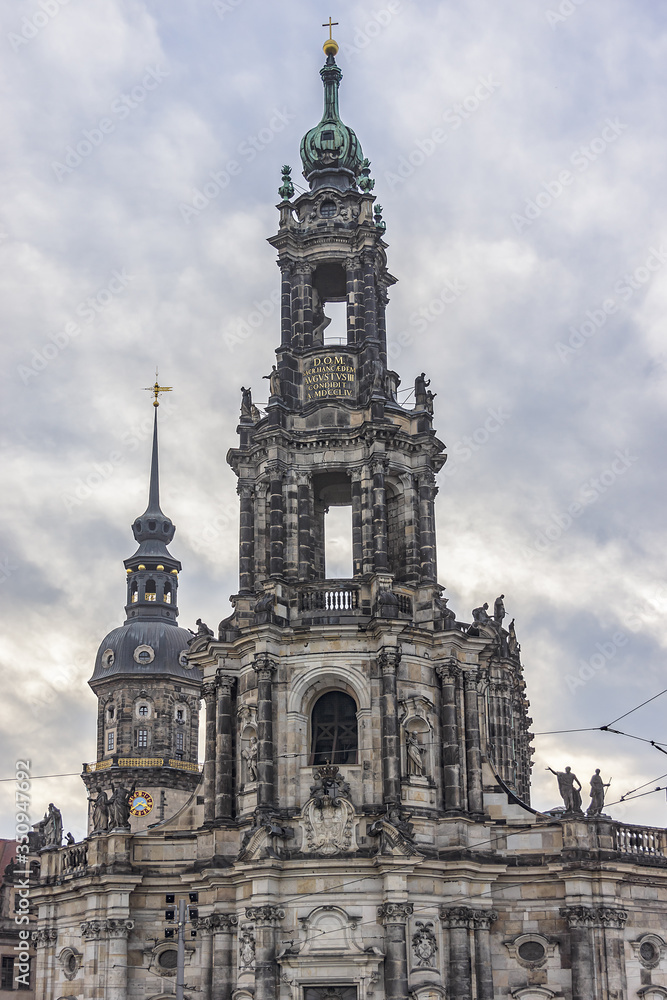 Fototapeta premium Architectural fragments of Dresden Cathedral of Holy Trinity (previously Catholic Church of the Royal Court of Saxony, 1739) - Roman Catholic Cathedral. Dresden, Germany.