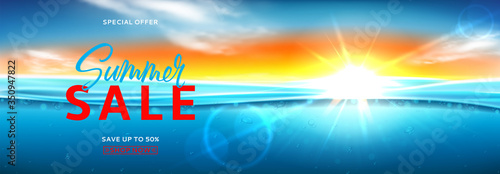 Horizontal promo banner for summer sale. Vector illustration with deep underwater ocean scene. Realistic background with sea landscape with sunset or sunrise.