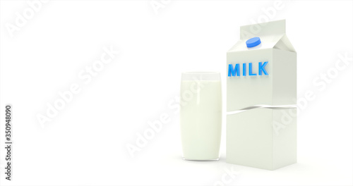 Milk pack with glass of milk on white background. 3d illustration.
