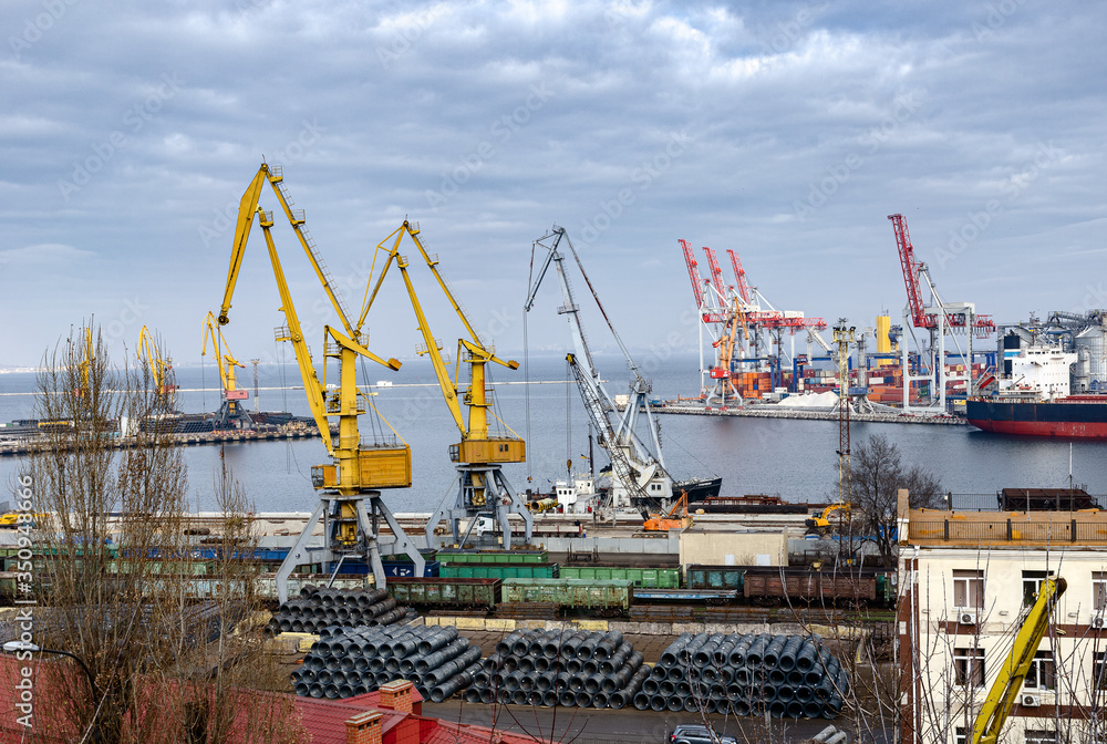 Odessa seaport with loading cranes, amazingly beautiful and colorful cranes