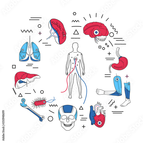 Artificial limbs web banner. Prosthetic implants of different organs and parts of body. Infographics with linear icons on white background. Creative idea concept. Isolated outline color illustration