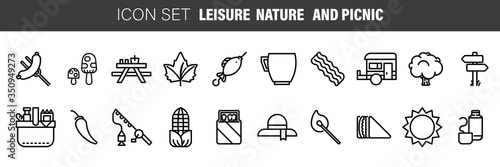 Set of black flat line vector icons for barbecue or picnic outdoor rest on white background.