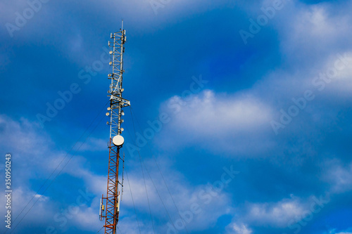 Telecommunication tower of 4G and 5G cellular. Antenna transmission communication. Cell phone signal base station.