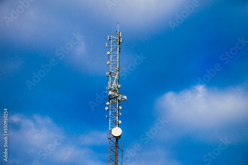 Telecommunication tower of 4G and 5G cellular. Antenna transmission communication. Cell phone signal base station.