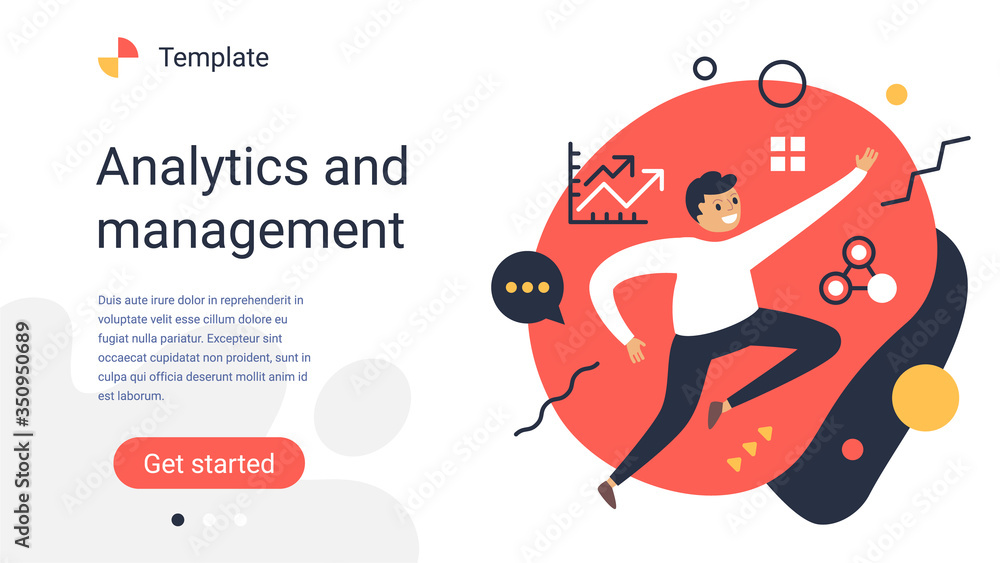 Vector creative business template with illustration of happy successful man with icon on color background. Positive office employee.