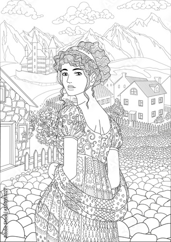 Coloring book for adults with beautiful princess dressed in historical outfit in the empire style stading in the cute village and beautiful castle