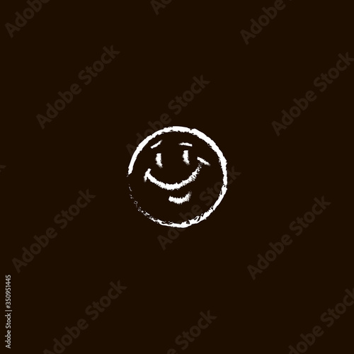 line art simple vector chalk emoticon of round smiling face on a black background