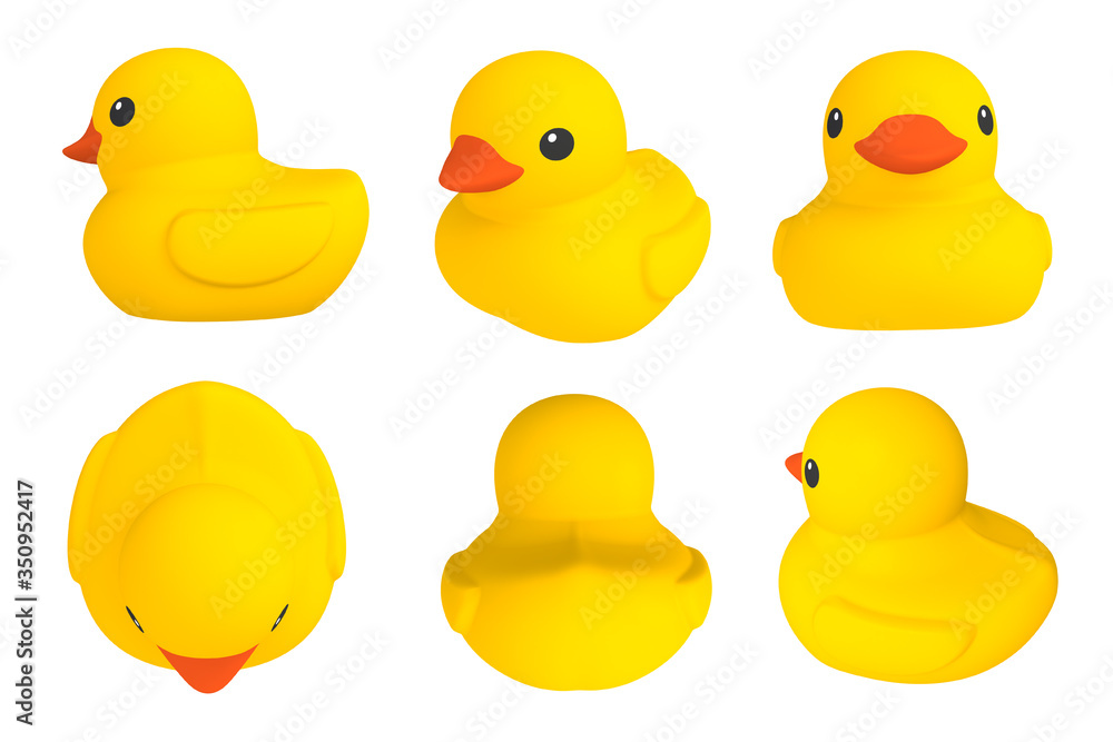 Yellow set rubber duck isolated. Bath toys on a white background. 3d rendering. Yellow set rubber duck isolated. Bath toys on a white background. 3d rendering.