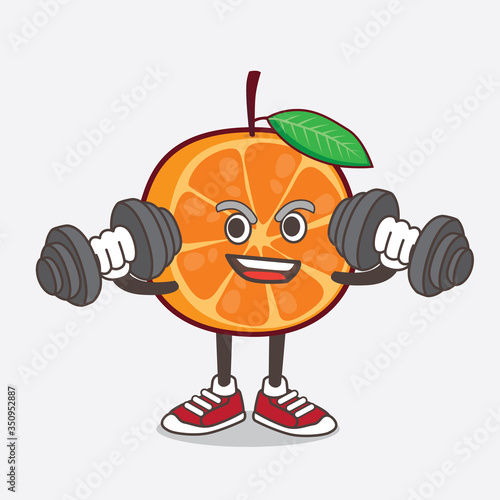 Orange Fruit cartoon mascot character on fitness exercise using barbells