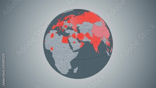 Map of Coronavirus pandemic spreading across the world based on real data. Countries affected by COVID-19 outbreak marked on globe in order of infection. Looped video, green background, alpha matte.